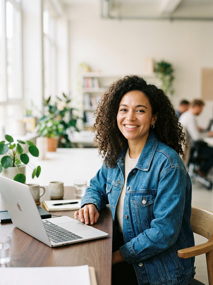A smiling marketer at her desk with a laptop, generated image