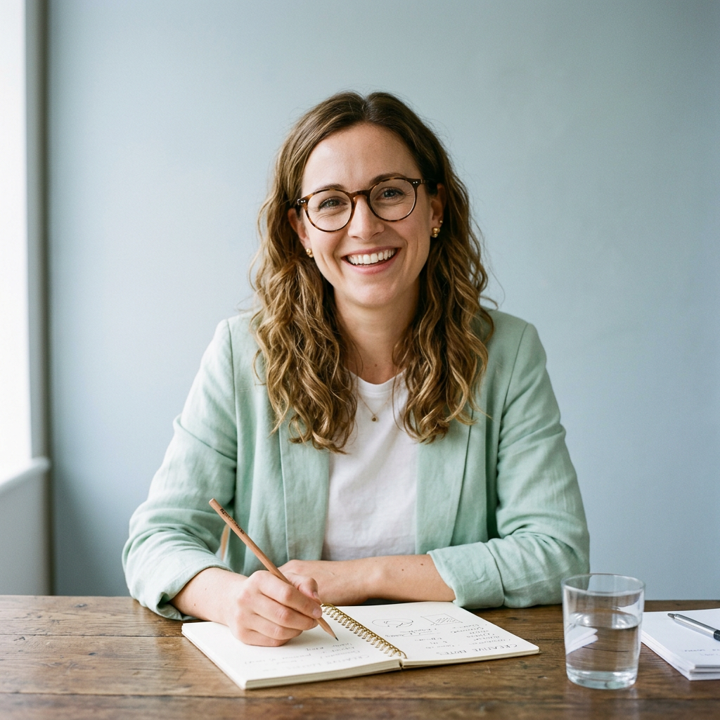 A marketer smiling at her desk with a notebook, generated image
