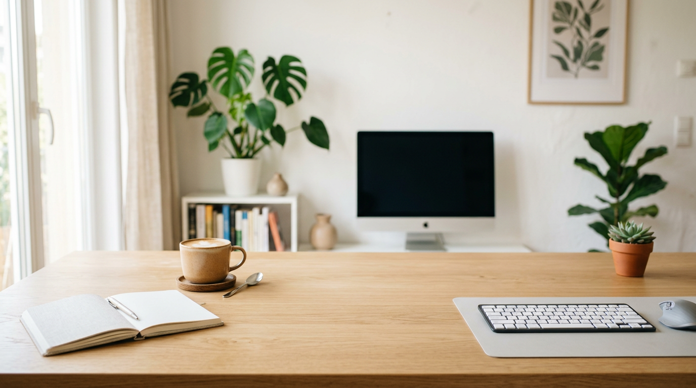 A bright home-office desk with a notebook and coffee, generated image